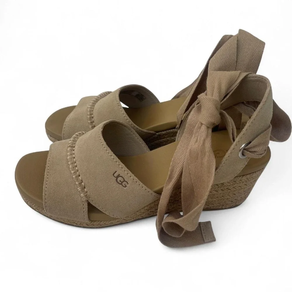 UGG Yarrow Suede Espadrille Wedge Sandals Tan Ankle Tie 1107957 Womens